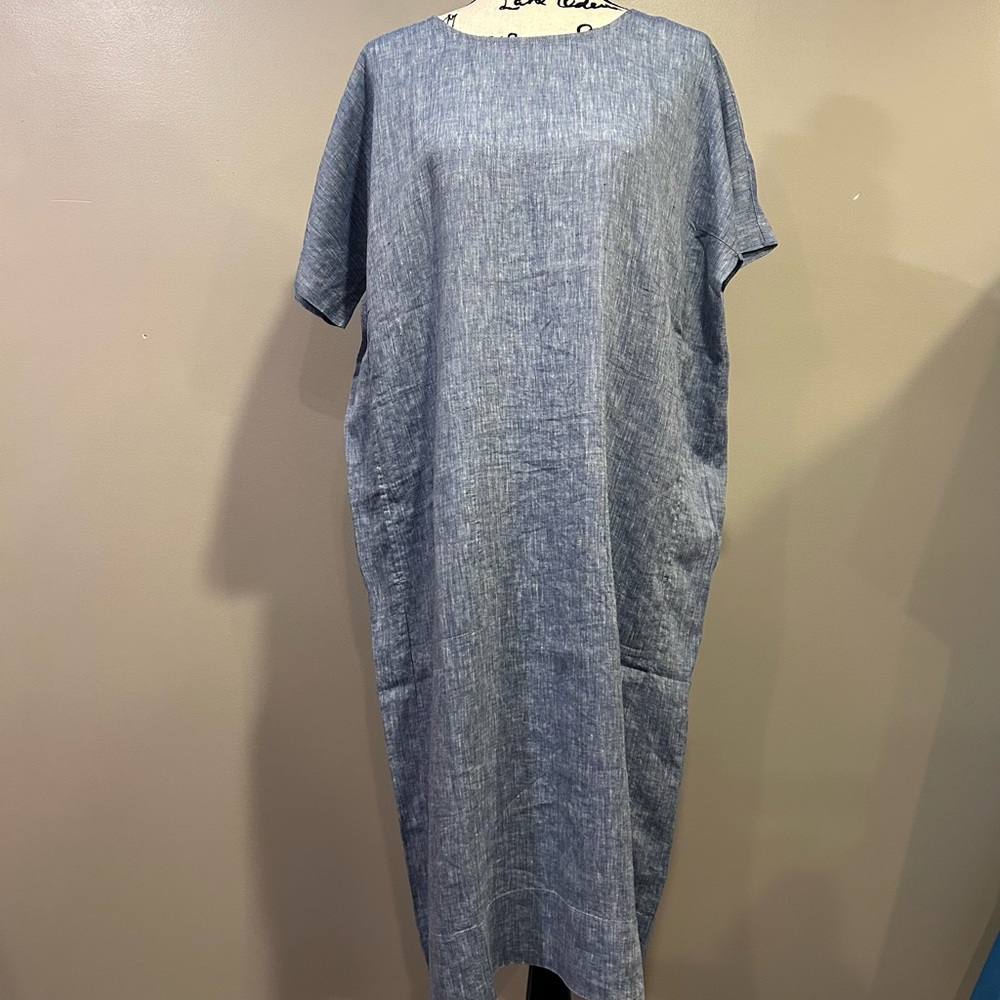Eileen Fisher Blue Chambray Linen Shift Dress